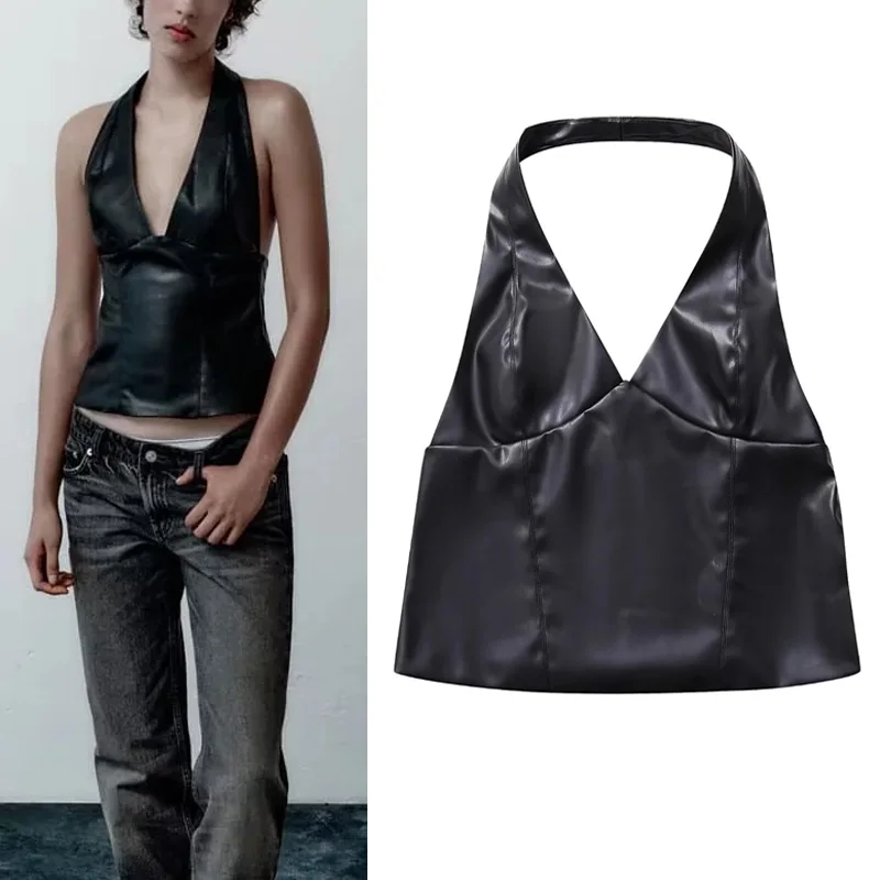 

Кроп-топ женский кожаный с V-образным вырезом и открытой спиной