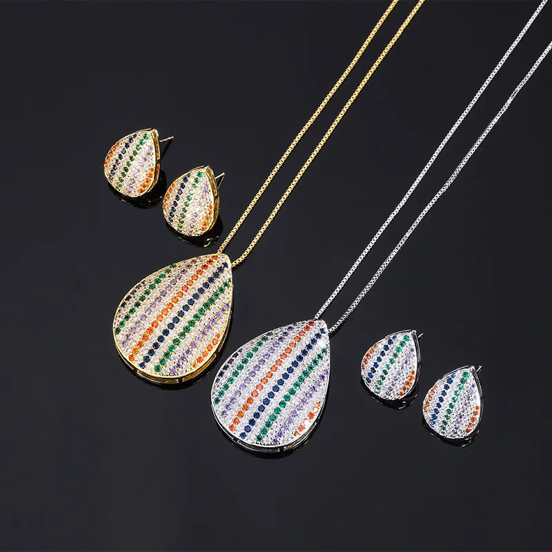 

French Luxurious Stripe Colorful Cubic ZirconWater Droplet Shell Earrings Pendant Necklace Bohemia Jewelry Women's Birthday Gift