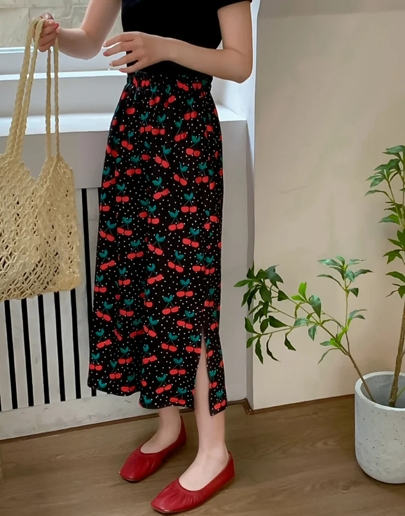 

Skirt Women's Fashion 2022 Real Shot Retro Printed Cherry High Waist Slim Mid-length Skirt Bag Hip One-step Skirt