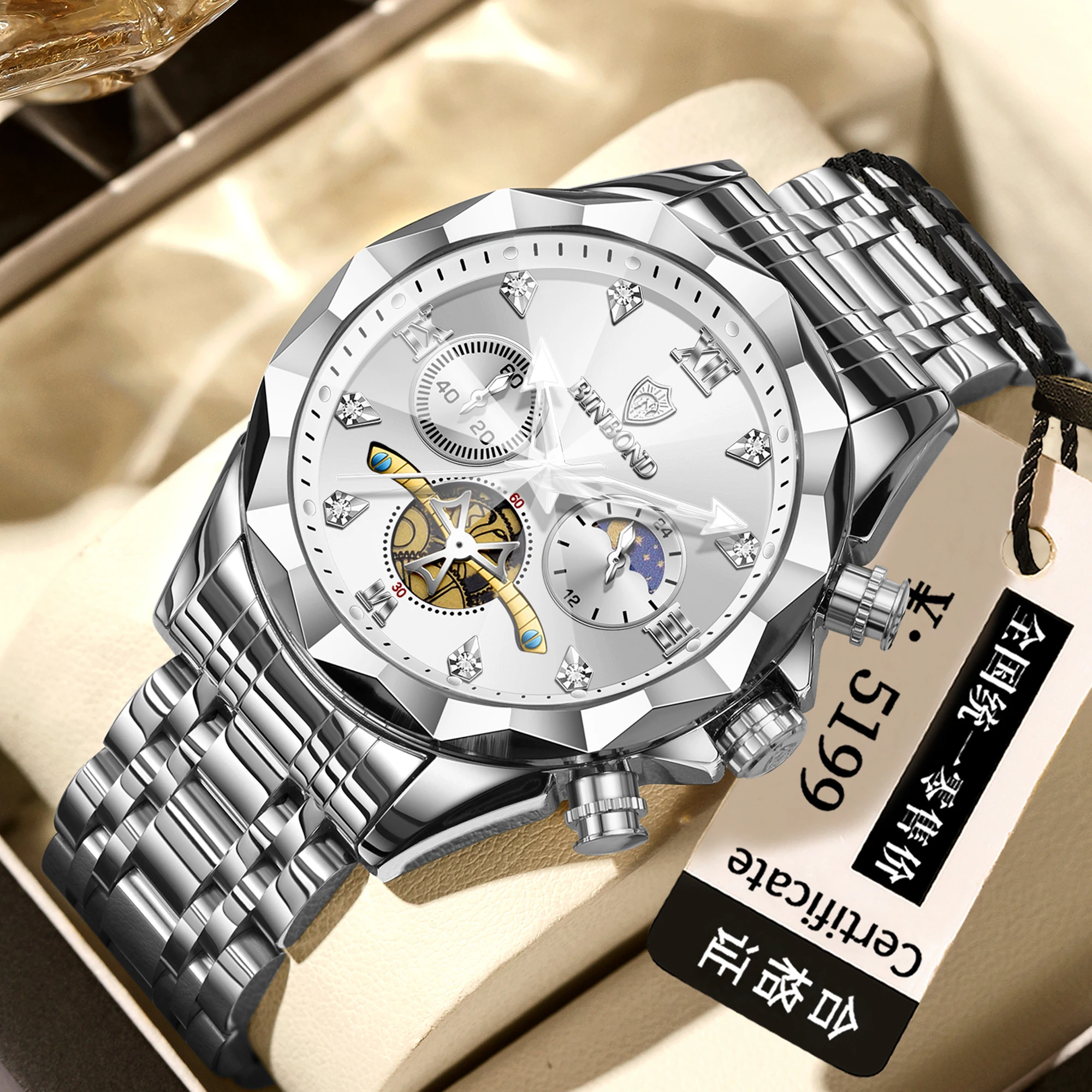 Фото Мужские кварцевые часы BINBOND Chronograph класса люкс: прочные, светящиеся, водонепроницаемые, с точным секундомером. Идеально для дропшиппинга. №1
