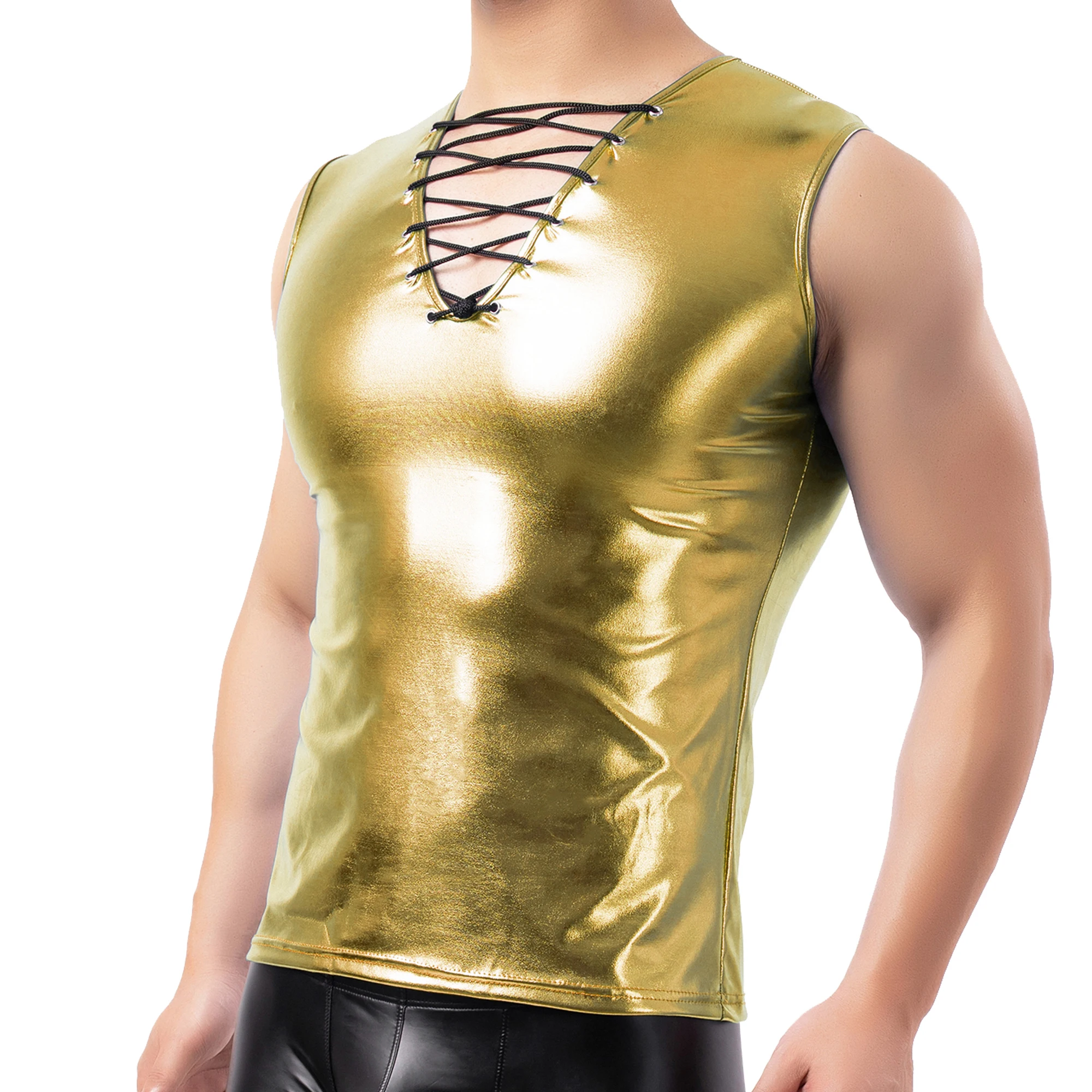 Mens Pullover Muscle Sleeveless T-shirt Tops Faux Leather Night Clubwear Costume Lace Up Deep-V Elastic Sexy Dance T Shirt Party