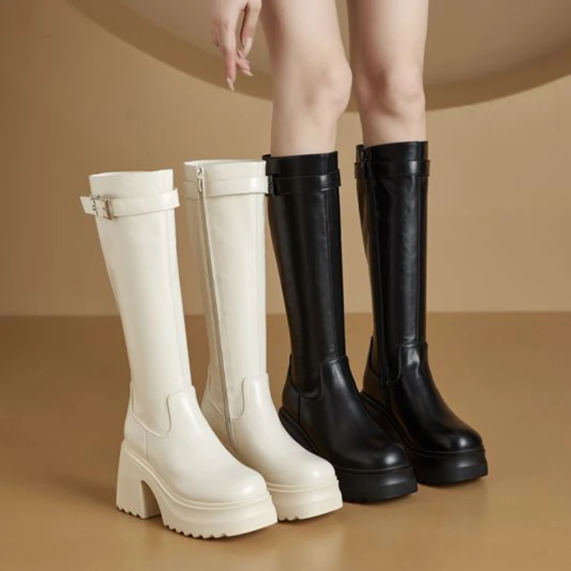 Fujin 10cm Microfiber Platform Wedges Spring Autumn Shoes Winter Plush Knee High Boots 2023 ZIP Woman Fashion Modern Heels