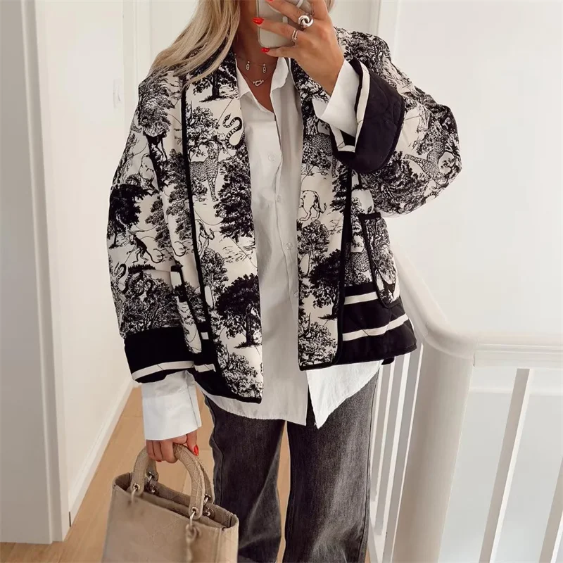

Woman Vintage Black Print Cotton Jacket 2023 Autumn Winter Female Fashion Warm Scarf Collar Jackets Ladies Chic Loose Outwear