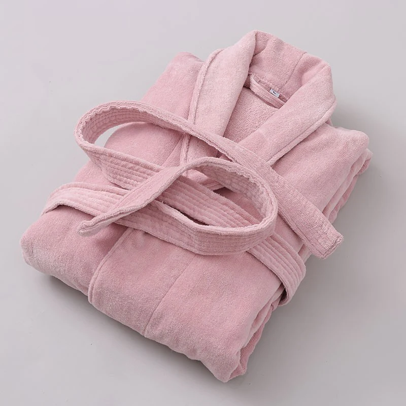 

Kimono Bathrobe Adult Sleepwear Terry Towel Robe Autumn Couple Casual Nightwear Nightgown Loose Home Wear with Pocket Belt