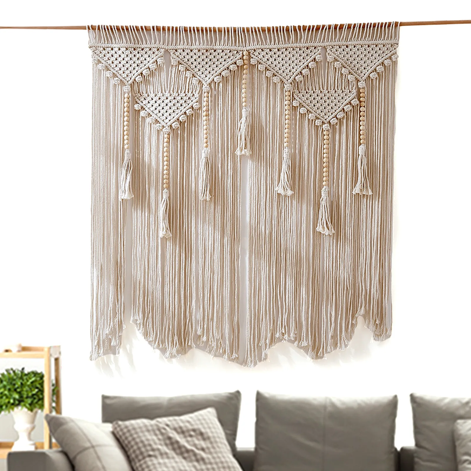 

39.37W 43.3L Macrame Wall Hangings Boho Woven Tapestry With Bead Cream Beige Bohemian Tassel Art Large Macrame Tapestry Wall