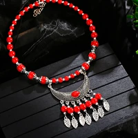 bohemia vintage alloy leaf tassel necklace for women red stone ethnic chain necklace fashion silver color tibetan jewelry