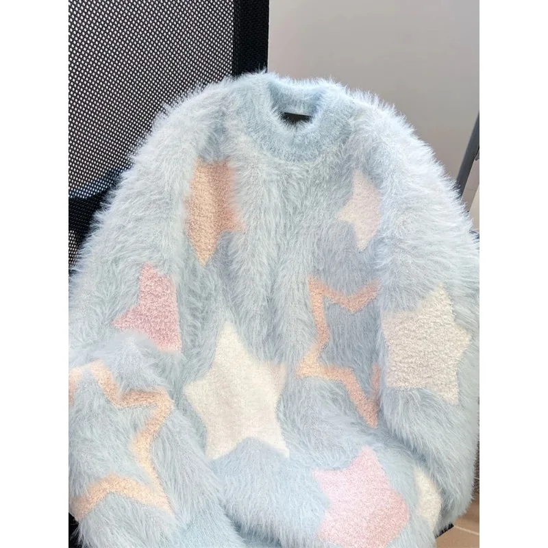 Шикарные синие свитера со звездным принтом женские кашемировые пуловеры из