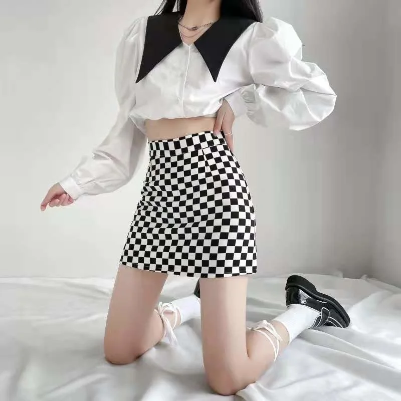 

Woman Fashion 2022 Checkerboard Mini Skirts Elegant Y2K Gothic Clothes For Women Summer Harajuku Streetwear Aesthetic Korean