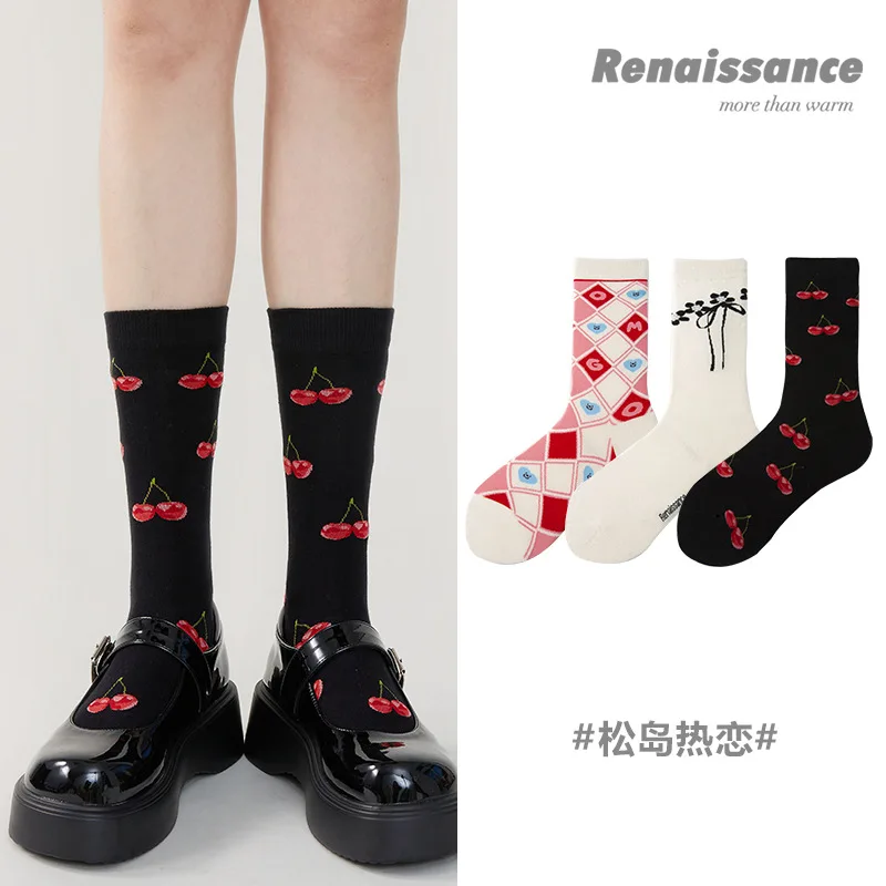 

Renaissance original design women's socks pink plaid mid-tube socks 3 pairs of combed cotton ins simple socks for women