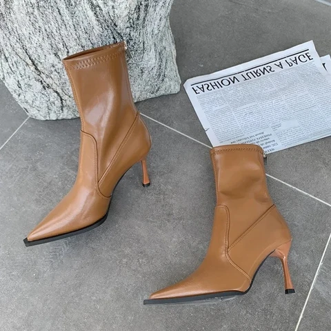 Aneikeh/Осенне-весенние женские ботильоны из эластичной ткани, удобная обувь на молнии, дизайнерские туфли на высоком каблуке Botas De Mujer