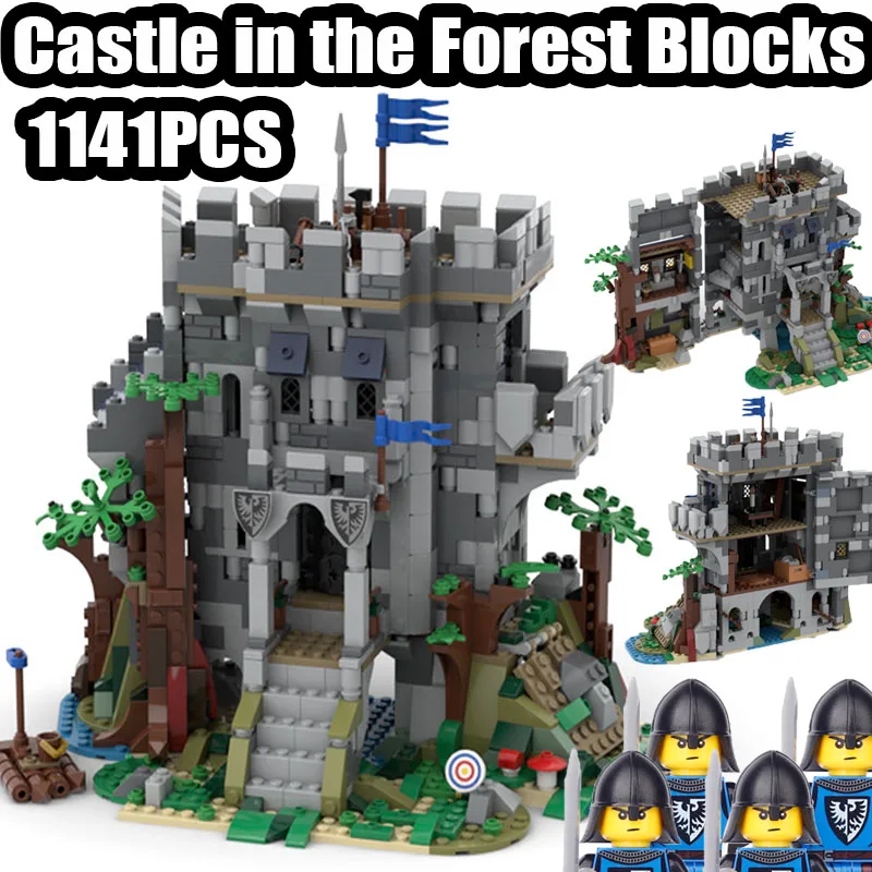 

MOC средневековый военный лесной замок, строительные блоки, черные рыцари, солдаты, фигурки, городская стена, шлем, оружие, кирпичи, игрушки для мальчиков