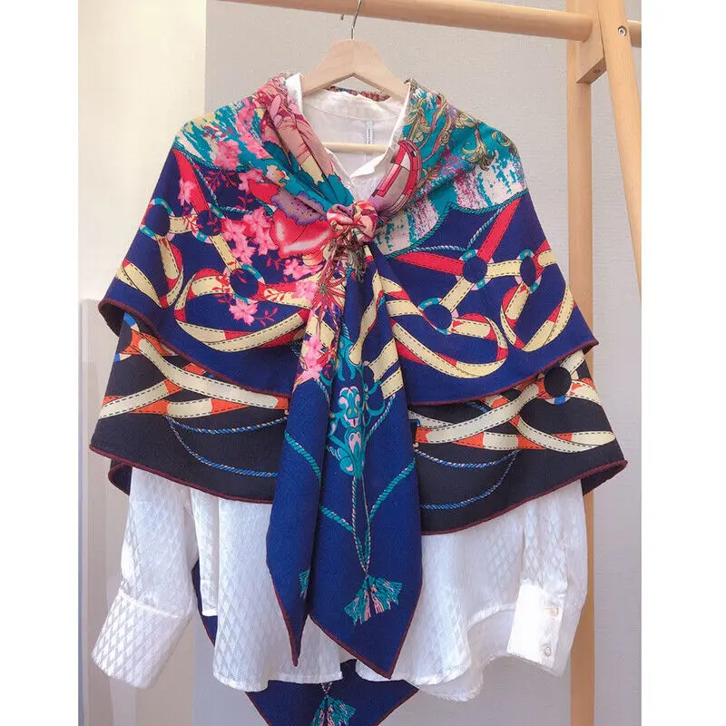 

Cashmere Silk Scarf Women Double-sided Flower Shawl Hand Rolled Stole 135*135cm