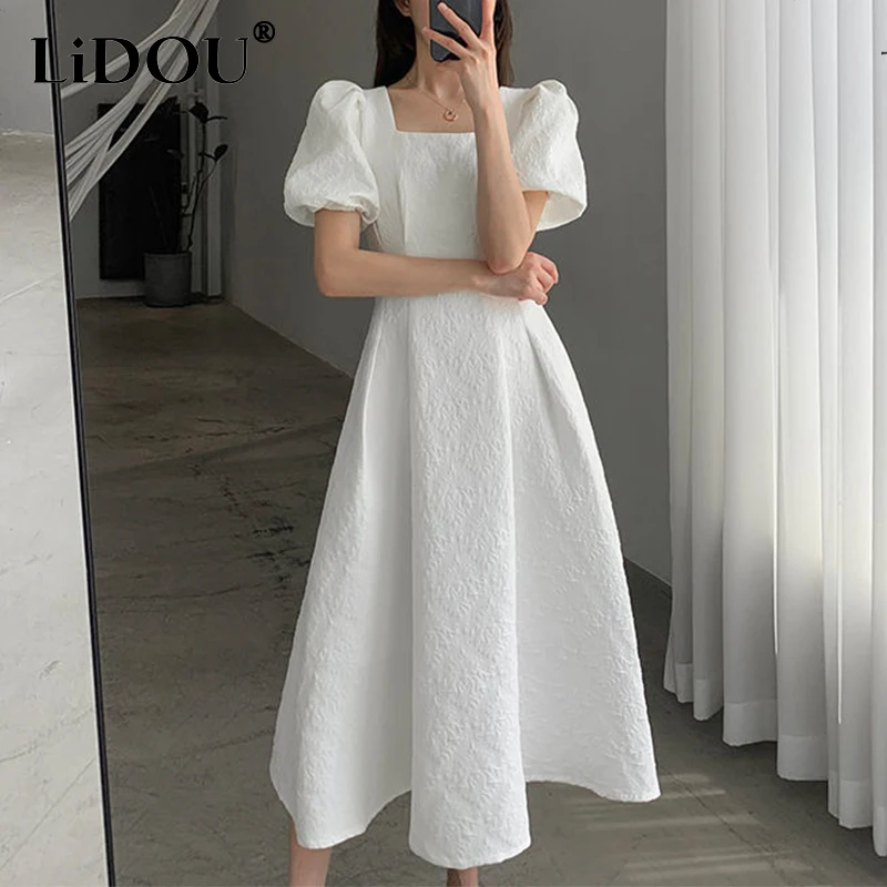 

Summer Korean Fashion Square Collar Waist Solid Simple Dress Ladies Short Sleeve Jacquarded Elegant Robe Dresses Women Vestidos