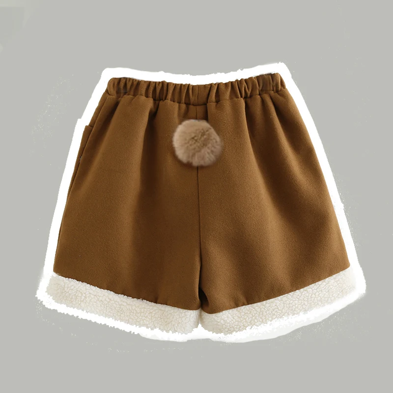 

Cute Fur Ball Rabbit Tail Women's Casual Winter Shorts Elastic Waist Fur Trim Shorts Color Black Khaki Students