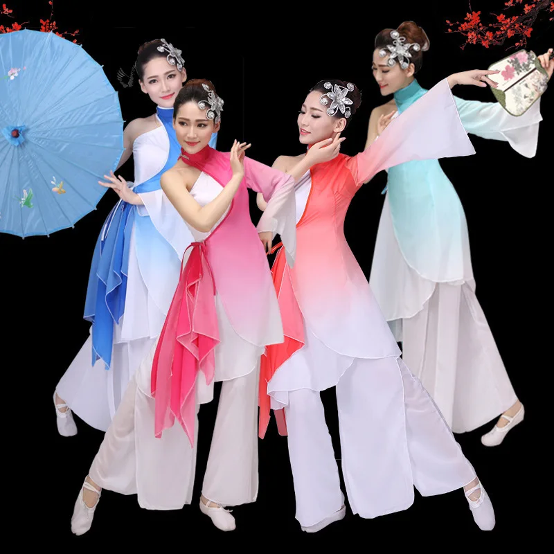 

Традиционный китайский женский танцевальный костюм, Классический фанат, танцевальный костюм для девочек в китайском стиле, народные танцевальные костюмы с градиентом