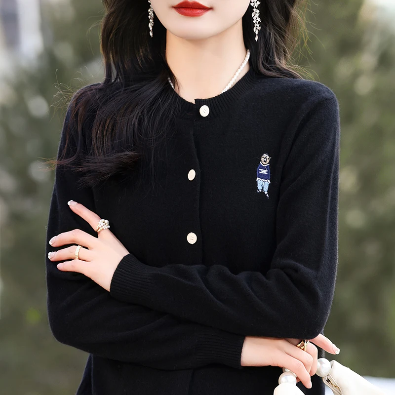 Женский шерстяной свитер с круглым вырезом Свободный вязаный кардиган из 100%-ной