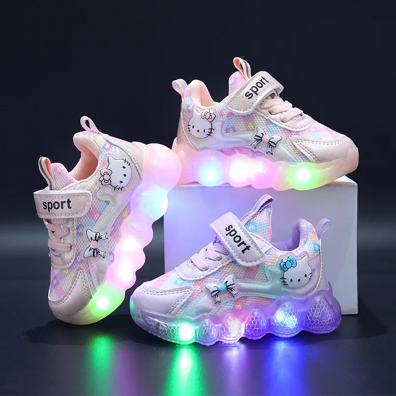 2023 Fashion Beautiful Cartoon Cat Children Casual Shoes High Quality LED Lighted Kids Sneakers Toddlers Lovely Girls Shoes