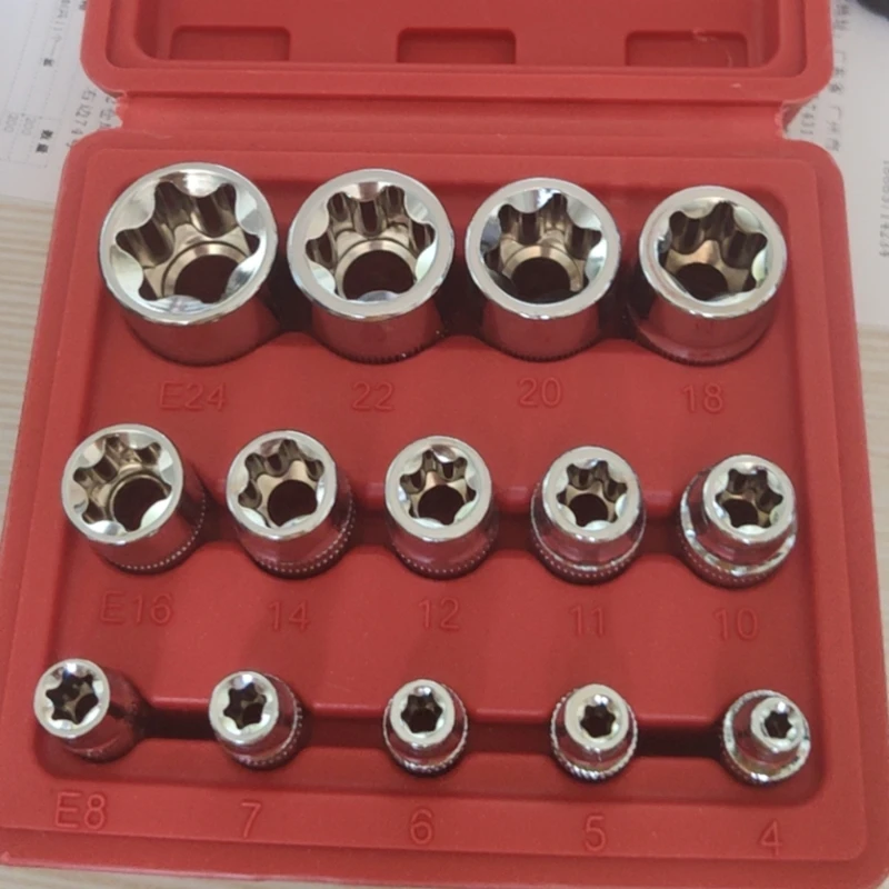 

14 Pcs Female E-TORX Star Socket Set with Rail Female External Star Socket, E4 - E24 Torque Socket Set, 1/4" 3/8" 1/2" M4YD
