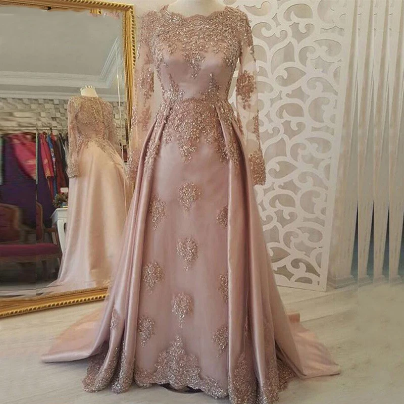 

Vinca Sunny Pink Muslim Evening Dresses Appliques Sequins Scoop A-line Dubai Wedding Party Gown Prom Dresses Vestidos De Festa