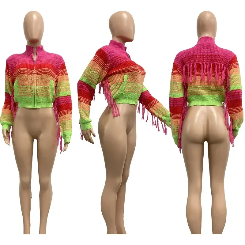 KEXU женские модные вязаные ребристые молнии с кисточками Cargidans 2024 уличная одежда