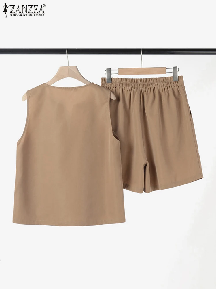 Комплект ZANZEA летний из 2 предметов повседневный Свободный Топ без рукавов и Шорты