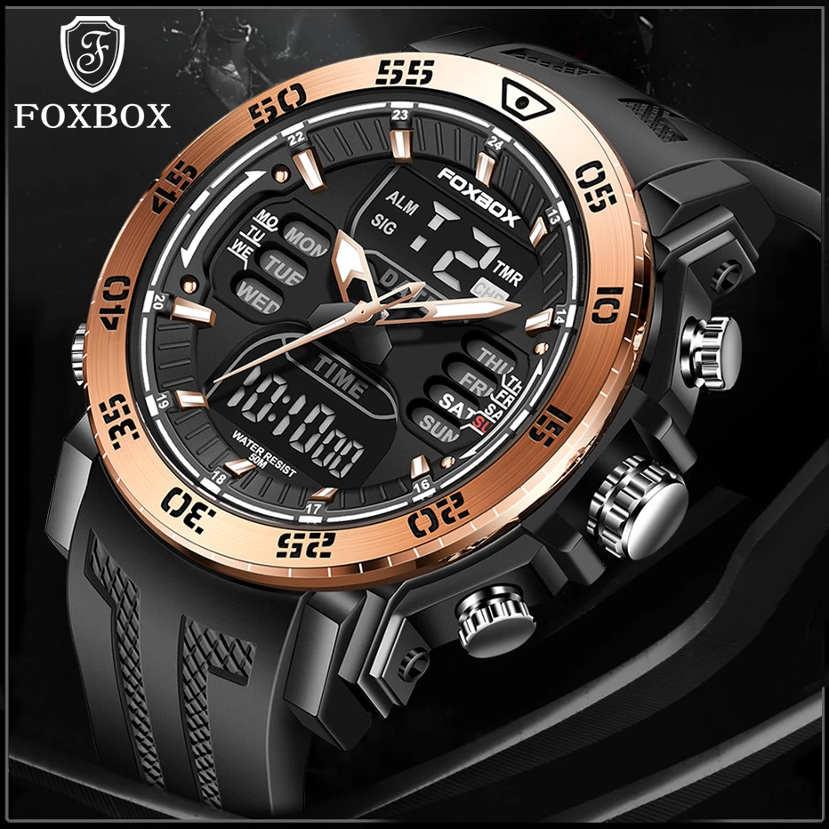 

2022 LIGE Brand Foxbox Dual Display Sport Mens Watches Top Luxury Quartz Wristwatch For Men Military Waterproof Digital Clock