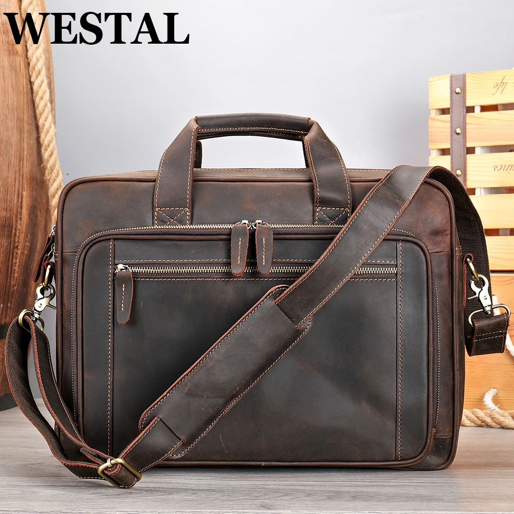 

WESTAL Crazy Horse Leather Men's Briefcase 15.6 Inch Laptop Bag Messenger Shoulder Bag Business Handbag Porte-Documents