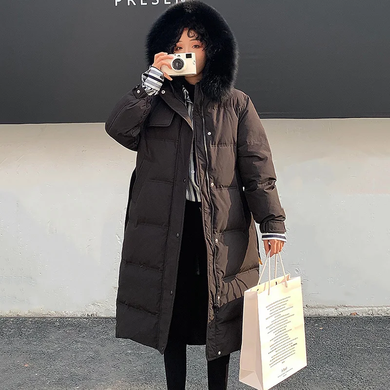 Quality Women Long Down Jacket New Winter Warm White Duck Down Outerwear Abrigo Mujer Casual Hooded Fur collar Parka Overcoat