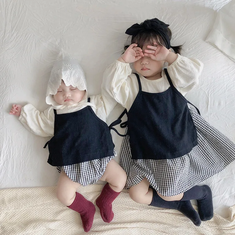 

2PCS Baby Girl Plaid Dress Korean Japanese Sister Matching Clothing Children Cotton Clothes Newbrom Romper Toddler Girl Outfits