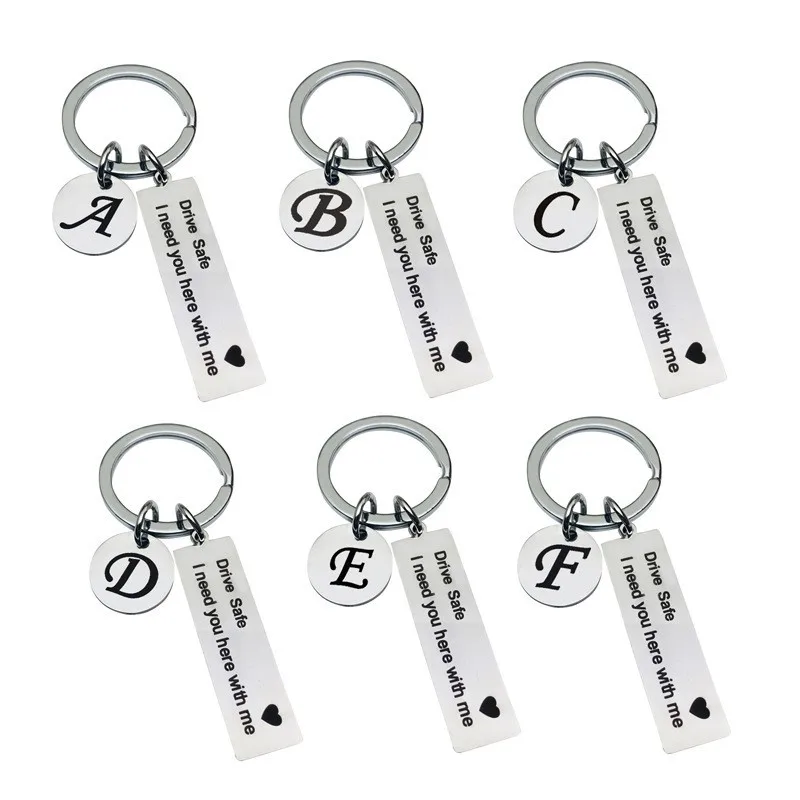 

Car Keychain A-Z 26 Initials Lettering Men Drive Safe I Need You Here with Me Stainless Steel Keychain Husband Father’s Day Gift