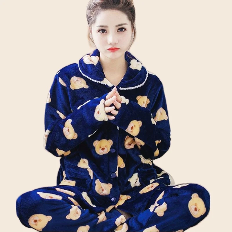 

Women's Cute Pajamas Set Flannel Pyjamas Fashion Cartoon Print Homewear Full-Sleeve Long Pants 2Piece/Set Cozy Winter Sleepwear