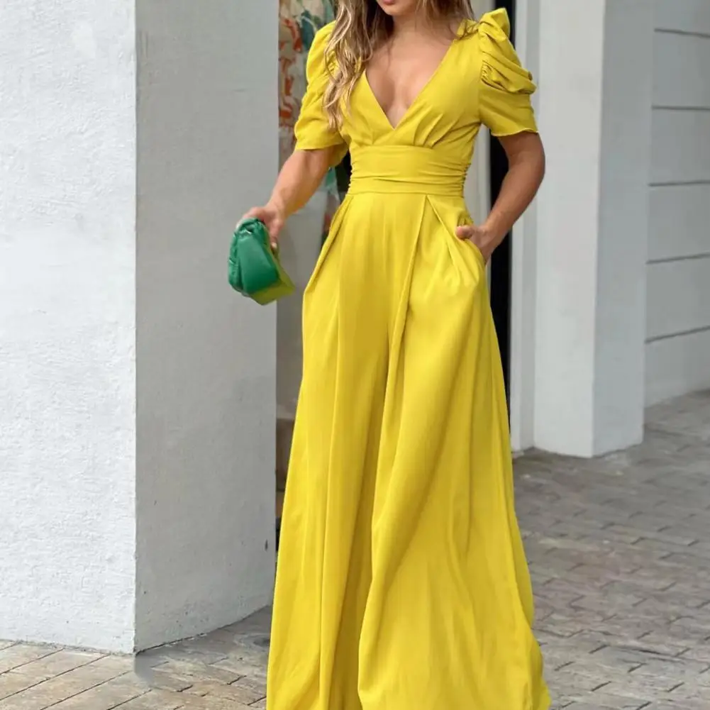 

Prom Jumpsuit Solid Color Hollow Out Deep Crotch Deep V Neck Short Sleeves Lady Romper Female Clothes For Women Clothing 2022