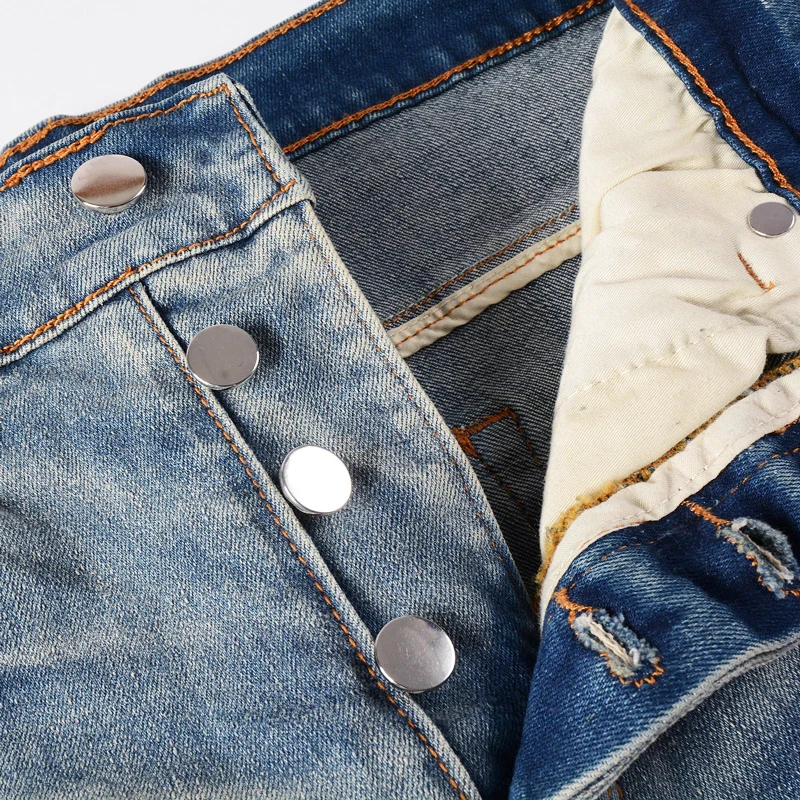 High Street Fashion Men Jeans Retro Blue Elastic Stretch Skinny Ripped Jeans Men Red Patched Designer Hip Hop Brand Pants Hombre