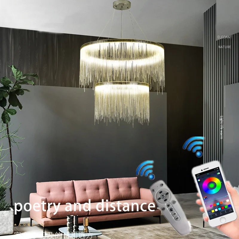 

Remote Modern LED Pendant Lights Tassel Aluminum Chain Postmodern Lamps Kitchen Living Room Decoration Chain Ceiling Chandelier