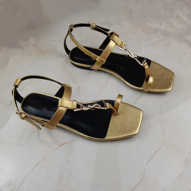 

Summer New Women's Sandals Black Square Head Flat Gladiator Sandal Open-Toed Ladies Shoes Leisure Beach Slippers Flip Flops