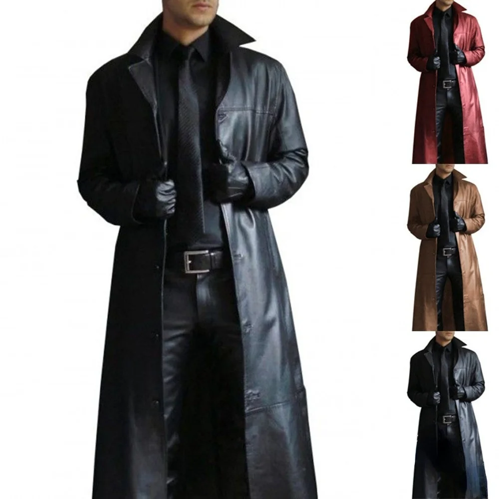 

New Trench Coats Men Jackets Men's Solid Color Coat Slim Fit Leather Overwear Business Casual Long Jacket