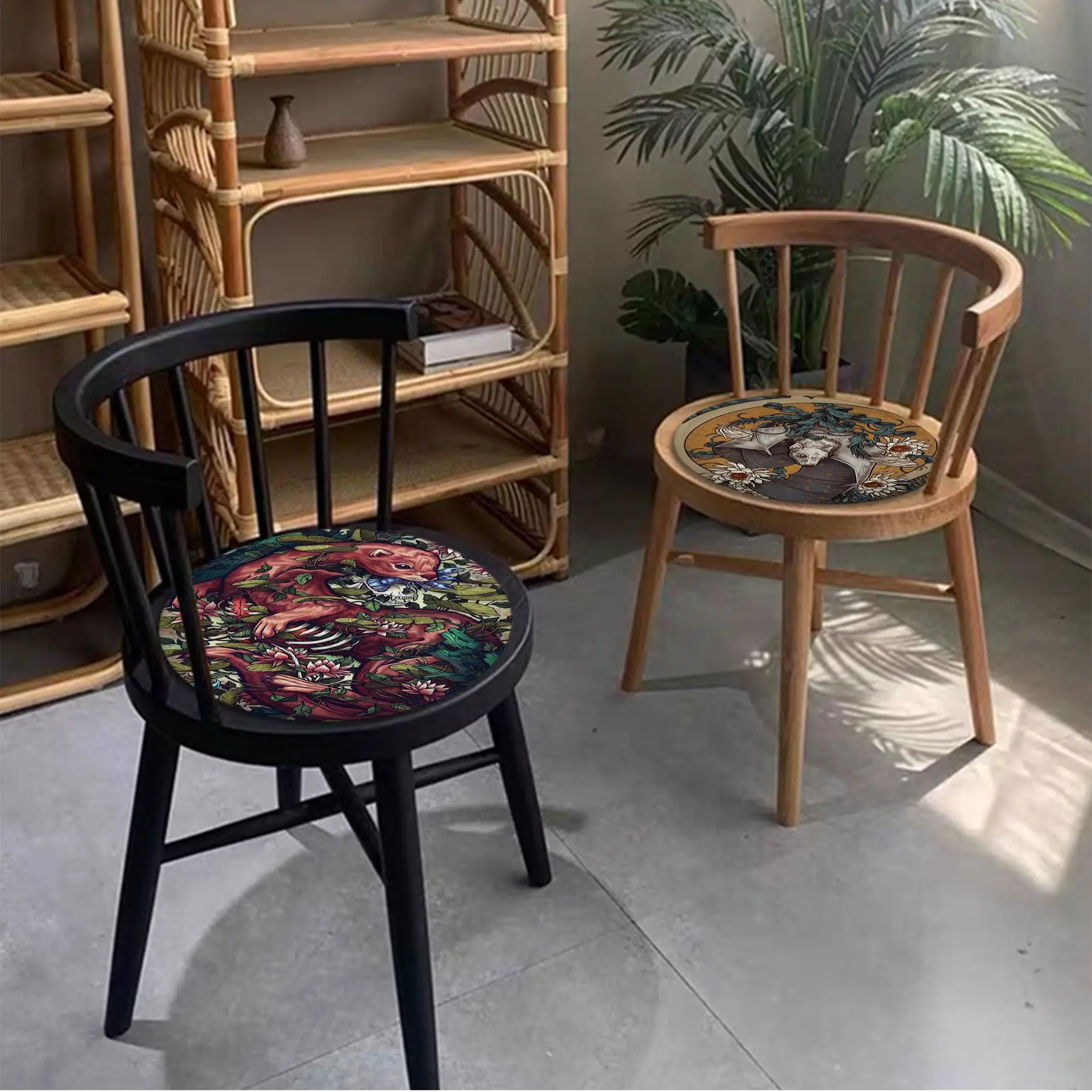 

Vintage Flowers,Birds,Animals,Snake And Bat Art Dining Chair Cushion Circular Decoration Seat For Office Desk Cushion Pads
