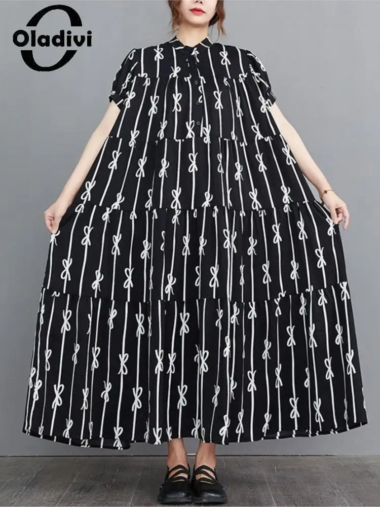 

Oladivi Short Sleeve Fashion Print Long Dress for Women 2022 Summer New Casual Loose Oversized Dresses Big Size Robe Vestido 725