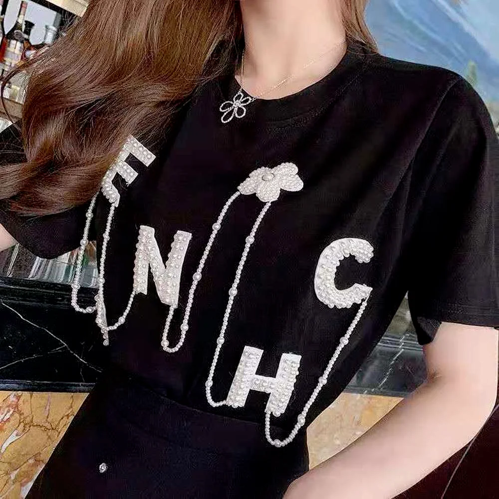 

2022 New Fashion T Shirts for Women Cotton Tees Pearl Embroider Letter Summer Rhinestone Camisetas Mujer Short Sleeve T-shirts