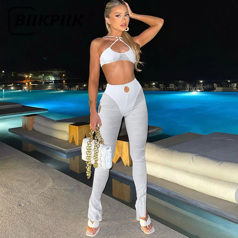

BIIKPIIK Summer Women Beach 2 Piece Clubwear Hollow Out Halter Super-short Tops + Skinny Pants All-matching Sexy Elegant Clothes