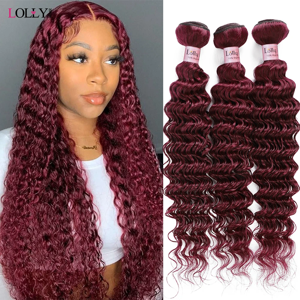 Lolly 99j Burgundy Deep Wave Bundles Colored Human Hair Bundles Brazilian Remy Hair Extension Curly Hair Bundles Weaves 3/4 Pcs