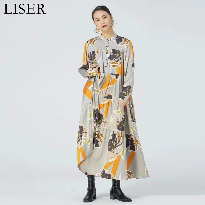 

Fashion Print Temperament Shirt Dress Women 2022 Spring New Loose Slim Stand-Up Collar Long-Sleeved A-Line Skirt LL823
