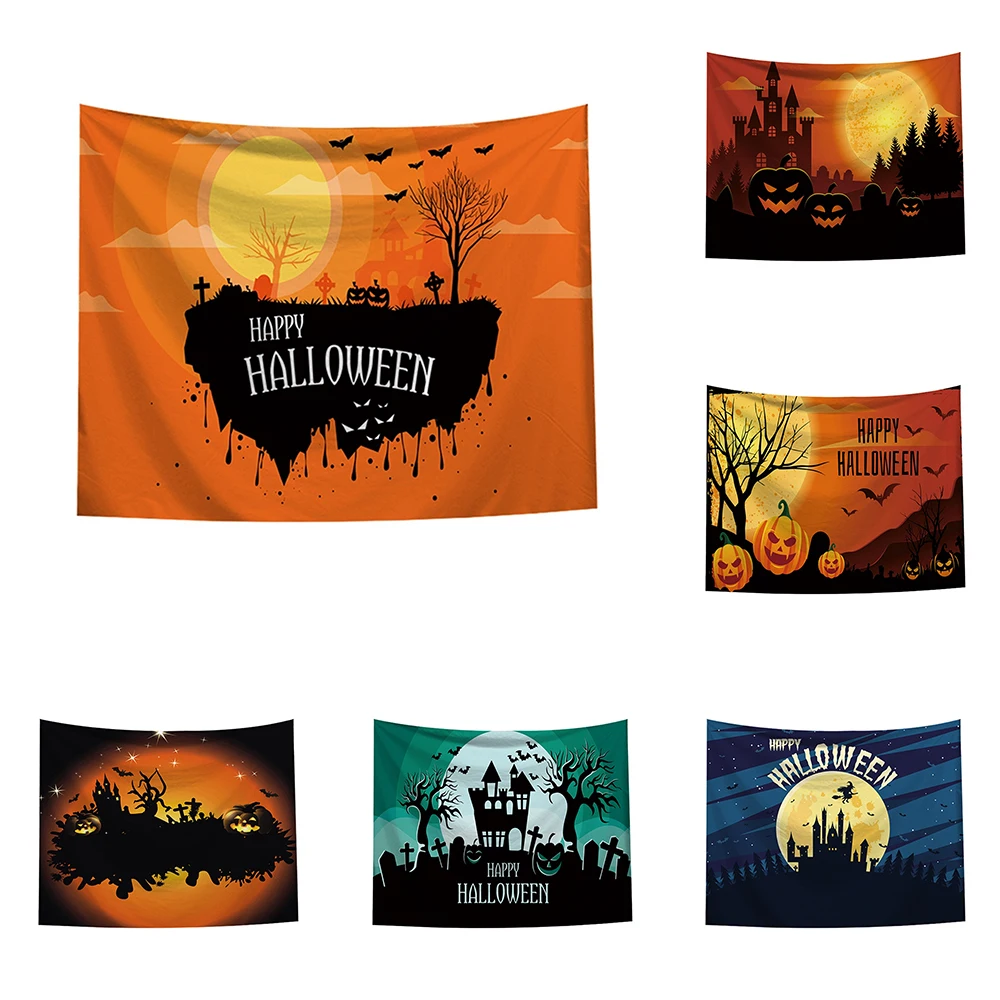 

Halloween horror pumpkin bat castle printed tapestry home living room bed wall decoration background cloth