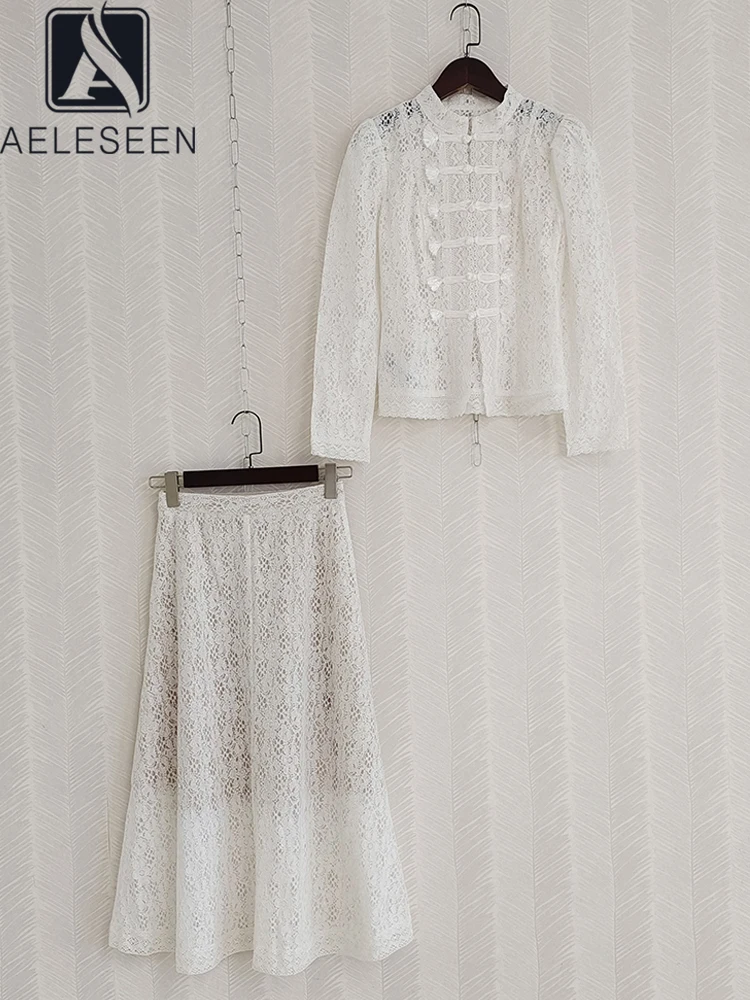 

AELESEEN/Модный женский кружевной комплект, весна-лето 2023, черно-белая блузка + длинная юбка, вечерние комплекты из 2 предметов для отдыха