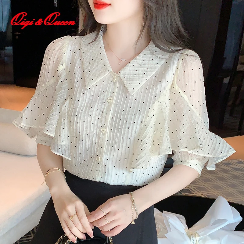 

Женская шифоновая блузка в горошек Qiqi & queen, повседневная элегантная офисная блузка с коротким рукавом в винтажном стиле, лето 2023