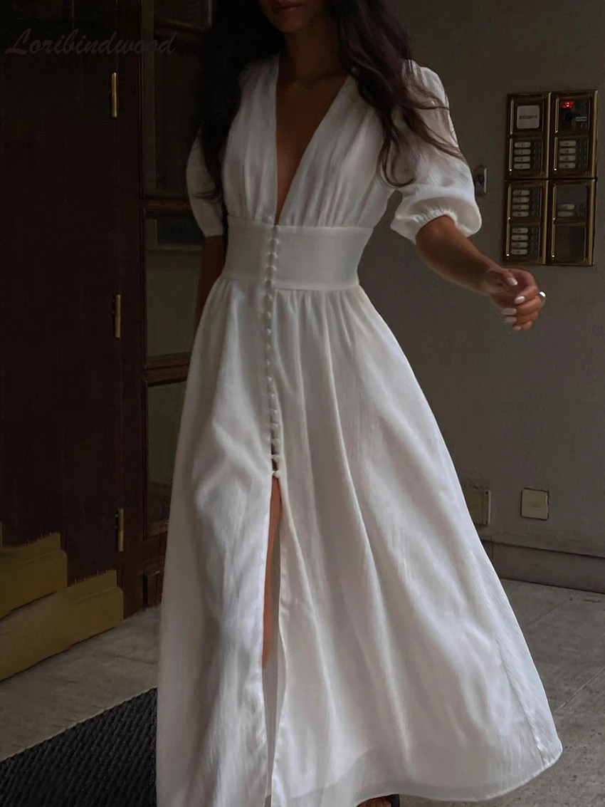 

White Sexy Single-Breasted Women'S Dress 2022 Elegant Short Sleeve V-Neck Party Dresses Lady Casual Slim Midi Dress Woman Dress