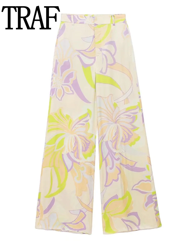 

TRAF 2022 Print Palazzo Pants Women High Wasit Wide Leg Trousers Woman Fashion Vintage Streetwear Baggy Pants Spring Wide Pants