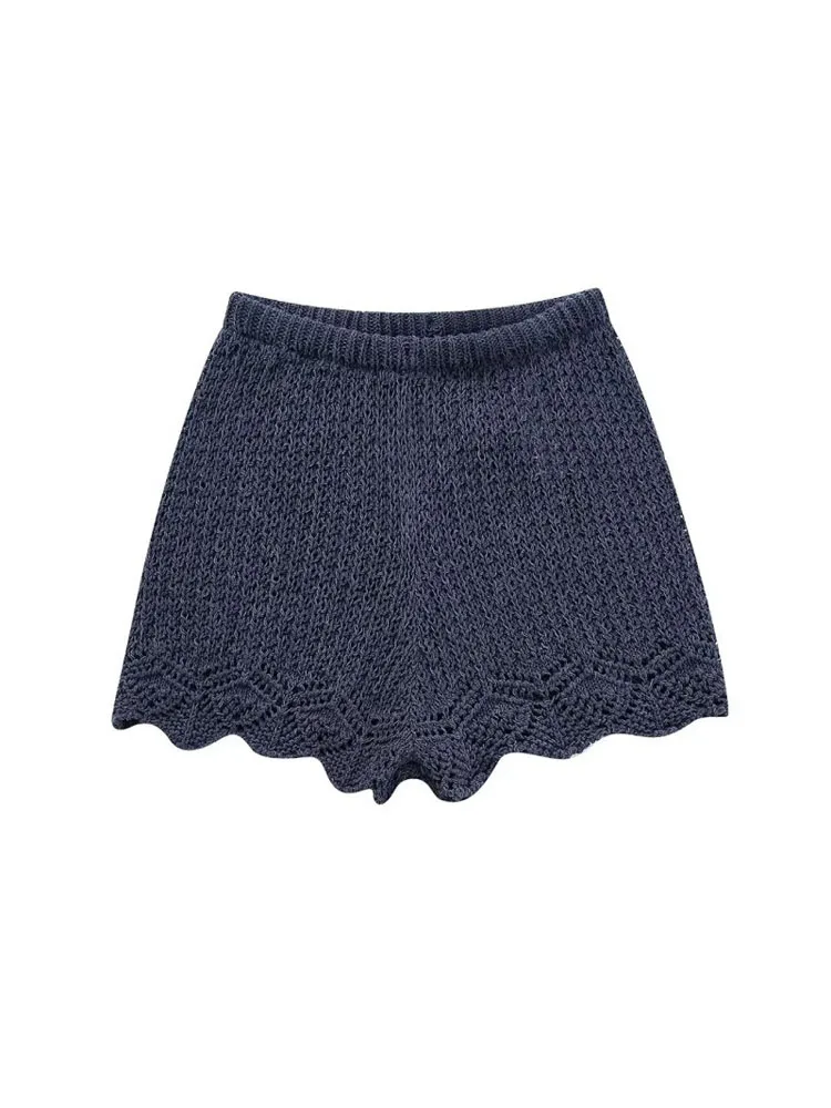 

Kumsvag 2023 Womens Summer Knitting Shorts Fashion Solid Hollow Out Elastic Waist Female Elegant Street Shorts Clothing