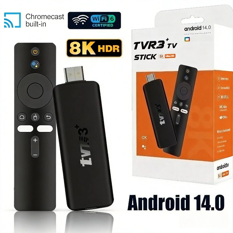 Фото ТВ-приставка TVR3+ Android 14 Smart TV Stick HDR+ 8K с двойным интерфейсом, Rockchip RK3518, WIFI6, BT5.4, голосовой пульт, медиаплеер для потокового вещания №1