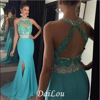 mermaid halter chiffon lace beaded backless sexy long prom dresses prom gown evening dresses robe de soiree free shipping